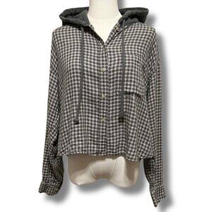 American Eagle Distressed Plaid Flannel Hoodie Shirt Sz M | Cropped Grunge Cozy